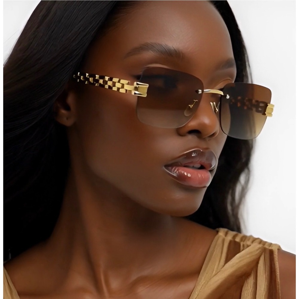 Rimless Sunglasses Gold Chain Link Arms Brown Lens Fashion Sun Glasses Women New